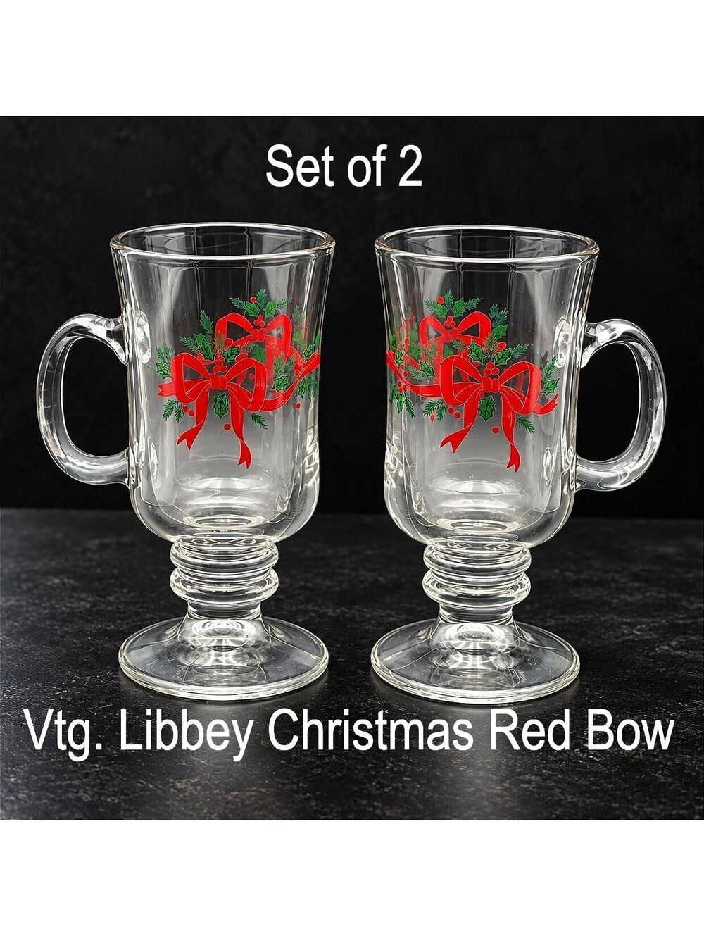 Vintage Libbey Christmas Holly Red Bow Footed Mugs Set of 2